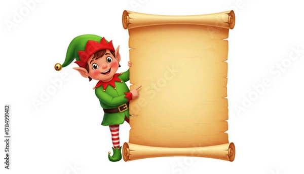 Fototapeta Cute christmas elf holding a blank scroll isolated on transparent background