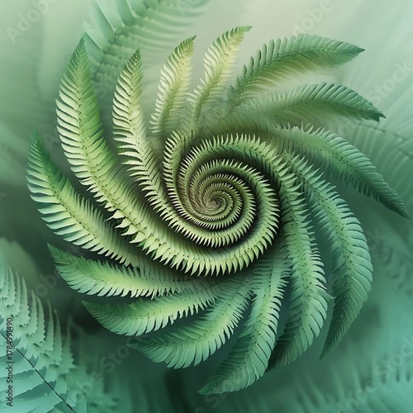 Fototapeta Abstract green fractal spiral pattern resembling a fern frond or seashell in nature