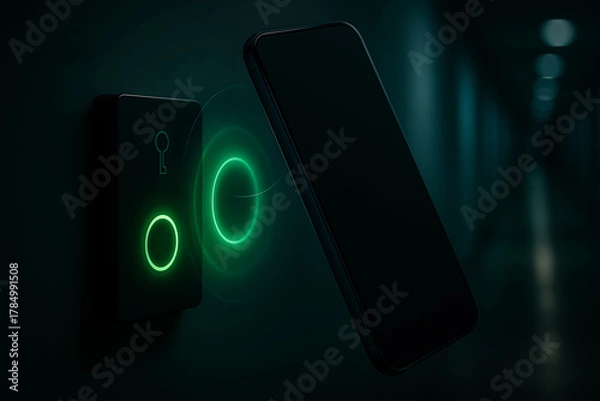 Fototapeta Smartphone unlocking door using wireless NFC access control