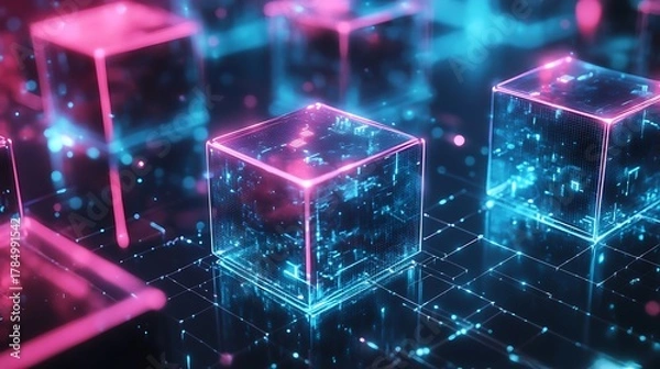 Fototapeta Abstract glowing neon cubes with digital data streams in a futuristic cybernetic network environment