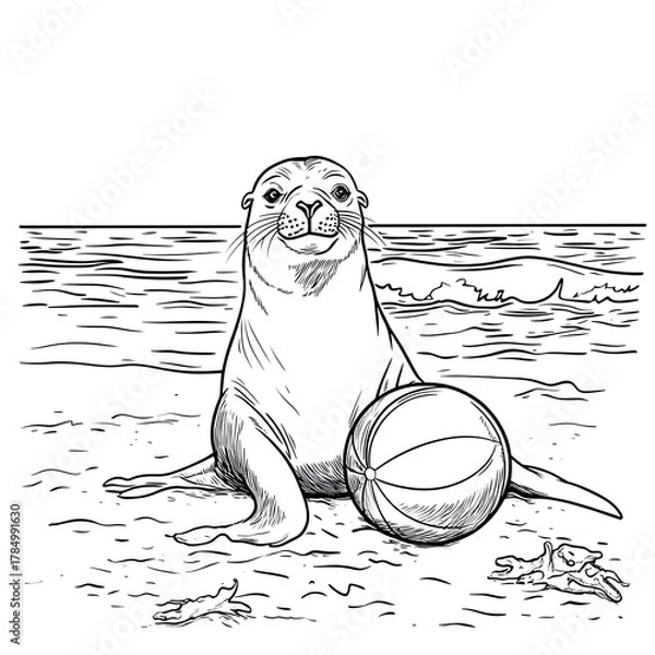 Fototapeta Adorable sea lion pup playing with a ball on a sandy beach by the ocean waves