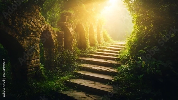Fototapeta Ancient stone staircase bathed in golden sunlight leading through a lush overgrown jungle path
