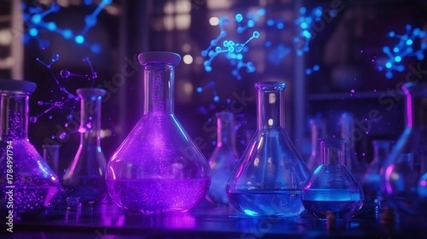 Fototapeta Close up of colorful glowing chemical flasks and beakers in a laboratory at night