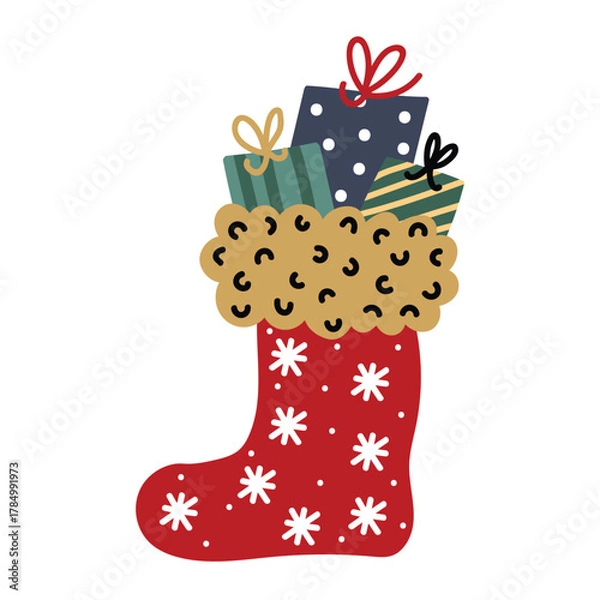 Obraz Christmas red sock or boot with gifts on transparent background. Design element.