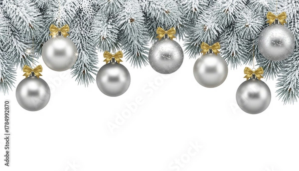 Fototapeta Silver christmas balls with gold bows on snowy fir branches isolated on transparent background