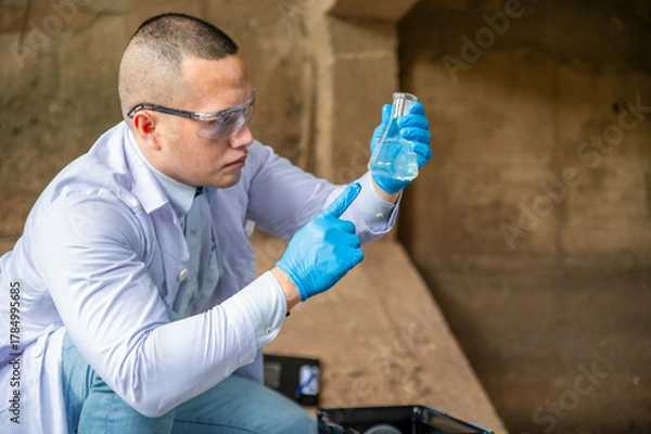 Fototapeta An environmental scientist is holding a glass bottle to collecting water quality samples
