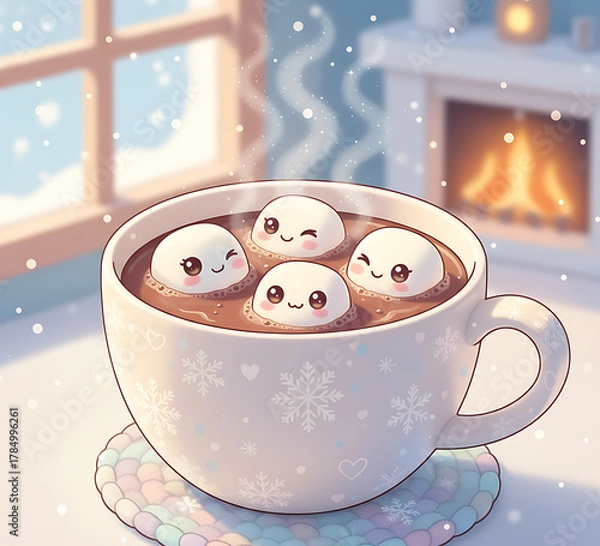 Fototapeta Cozy winter scene with a mug of hot chocolate and smiling marshmallows by the fireplace