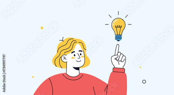 Fototapeta A person has a bright idea represented by a lightbulb above their head.