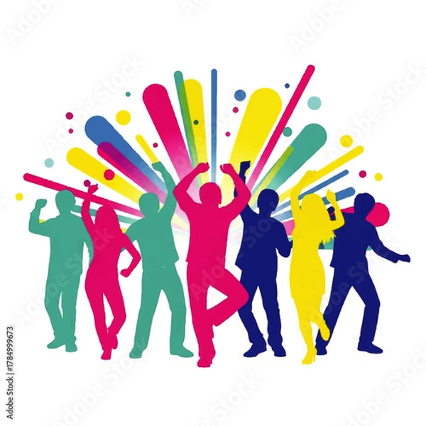 Obraz Vibrant Group of Silhouetted People Dancing Joyfully.