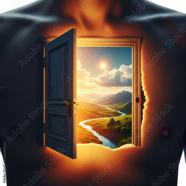 Obraz An open door within a torso reveals a serene landscape, symbolizing inner peace and the beauty of selfdiscovery isolated on transparent background