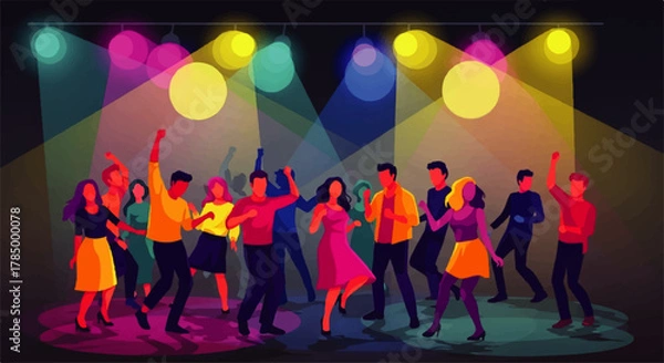 Obraz Energetic Group of People Dancing Under Colorful Stage Lights.