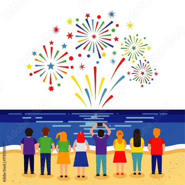 Obraz Diverse Group of People Watching Colorful Fireworks Display.