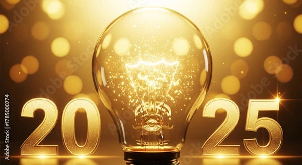 Obraz New year 2025 with light bulb and golden number for business idea and innovation