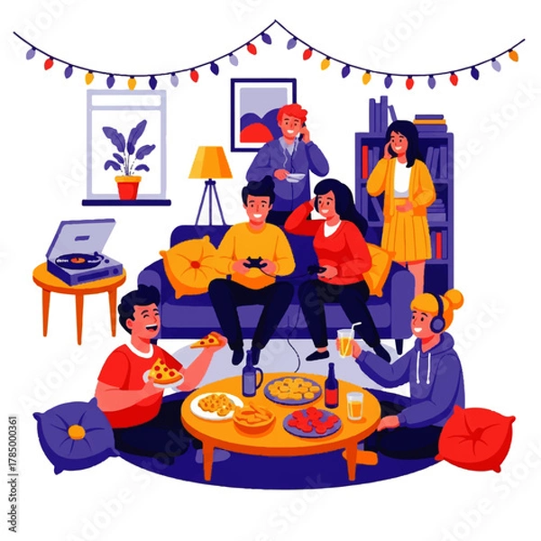 Obraz Friends Enjoying a Cozy Indoor Gathering with Food and Games.
