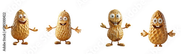 Obraz Four cartoon peanuts with funny faces and arms outstretched, isolated on transparent background