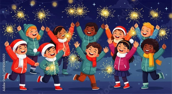 Obraz Joyful Children Celebrating with Sparklers at Night.