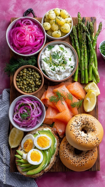 Fototapeta Healthy brunch platter with smoked salmon, bagels, and avocado toast. Vertical flat lay of a gourmet breakfast board with fresh vegetables and eggs on a pink background