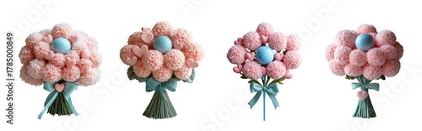 Obraz Four pink and blue pompom flower bouquets tied with ribbon, isolated on transparent background