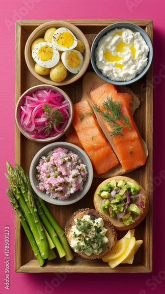 Fototapeta A gourmet brunch platter with smoked salmon, boiled eggs, and avocado toast. Vertical flat lay of a healthy appetizer board on a pink background