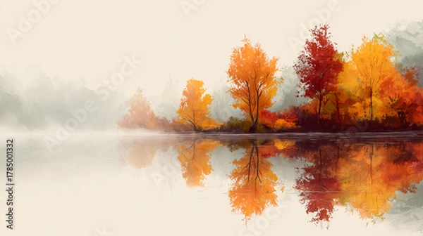 Fototapeta Beautiful autumn lake scene illustration with colorful trees and calm water, perfect for seasonal greeting cards, nature posters, travel designs, or landscape artwork.