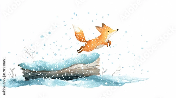 Fototapeta Watercolor illustration of a cute fox jumping in snow with snowflakes falling around, perfect for winter greeting cards, nursery prints, Christmas decor, or woodland design projects.