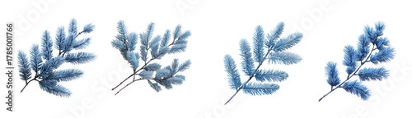 Obraz Four sprigs of blue pine needles covered in snow, isolated on transparent background