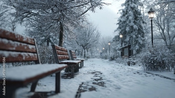 Fototapeta A snowy path through a park with benches,