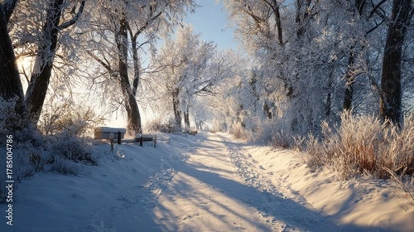 Fototapeta A snowy path through a winter wonderland,
