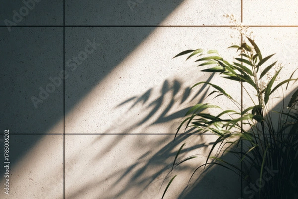 Obraz Green plant casting shadow on textured wall in sunlight