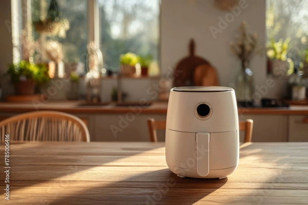 Obraz Matte white air fryer standing on wooden kitchen table near window