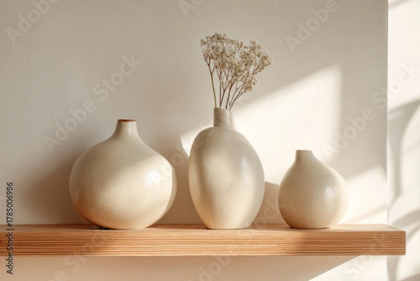 Obraz Ceramic vases with natural textures arranged on wooden shelf