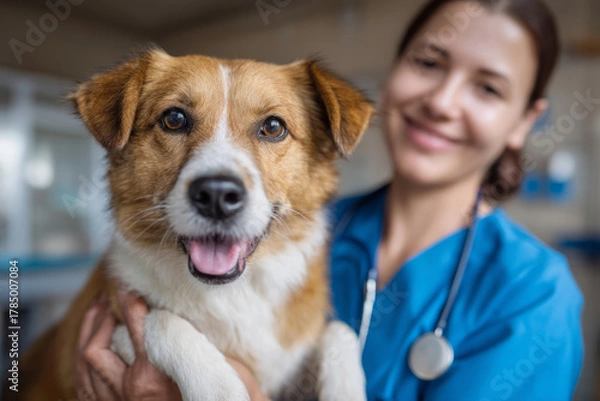 Obraz Smiling veterinarian in blue uniform holding brown and white dog in clinic