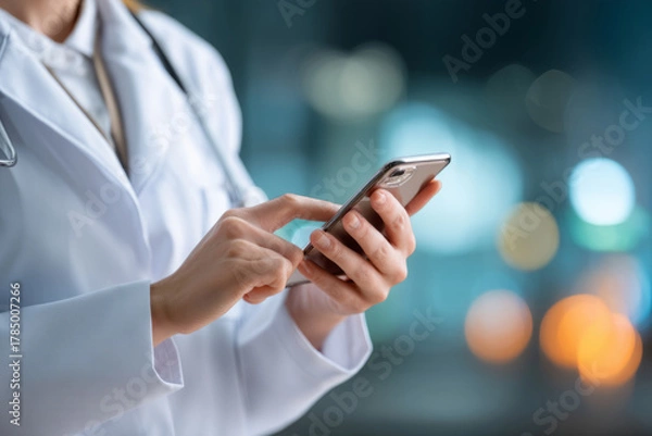 Obraz Doctor using smartphone in hospital environment. Concept of telehealth