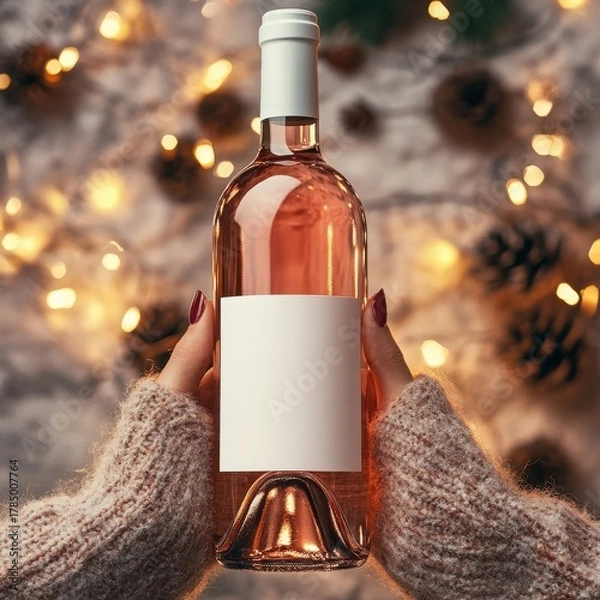 Fototapeta Christmas Rosé Wine Bottle Label Mockup with Warm Festive Bokeh