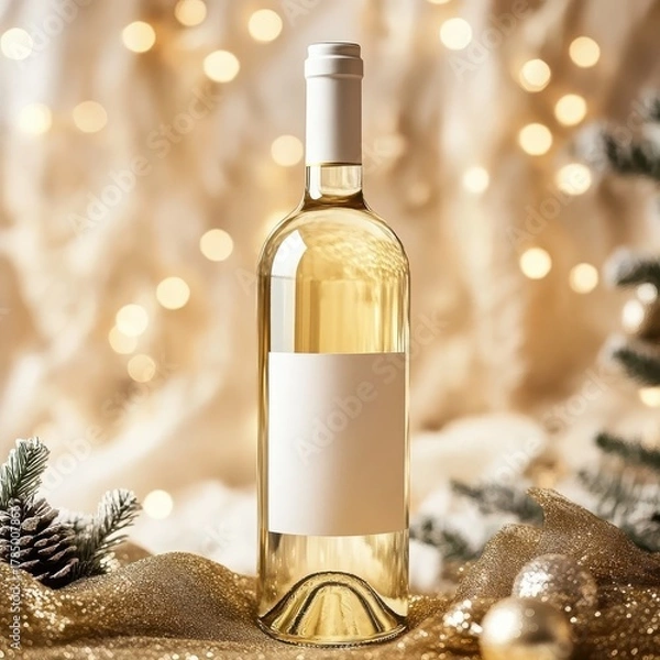 Fototapeta Elegant White Wine Bottle Mockup with Christmas Tree Lights