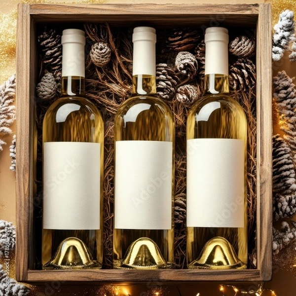 Fototapeta Trio of White Wine Bottles Mockup with Blank Labels