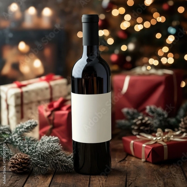 Fototapeta Christmas Red Wine Mockup with Blank Label