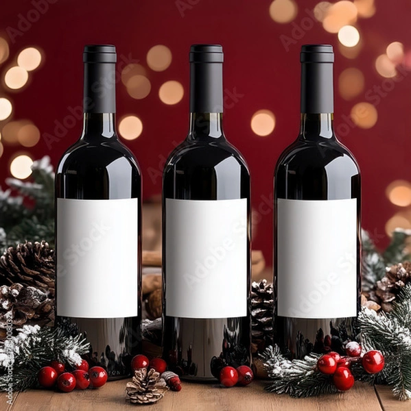 Fototapeta Trio of Red Wine Bottles Mockup for Label Design Presentation