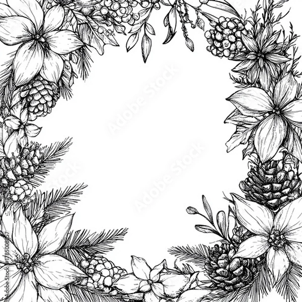 Fototapeta Vintage hand-drawn floral Christmas frame featuring poinsettia flowers, pine branches, and cones. Ideal for greeting cards, invitations, and elegant festive layouts. AI-generated.