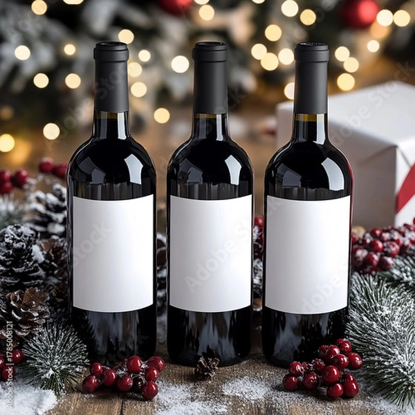 Fototapeta Elegant Red Wine Bottle Mockup Set with Christmas Tree Lights