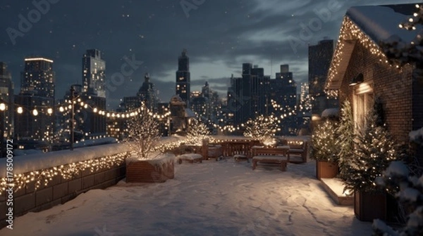 Fototapeta A snowy rooftop with a Christmas light display,
