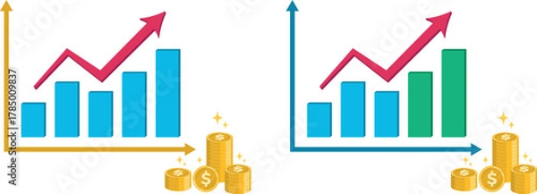Obraz 
Illustration of a financial growth chart with rising bar graphs, upward trend line, and stacks of golden coins symbolizing business success, profit increase, and economic progress. Perfect for invest