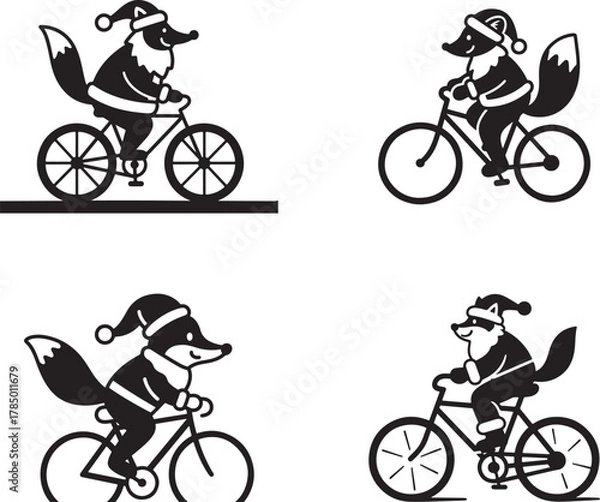 Fototapeta Festive Fox Cyclists A Collection of Christmas Animal on Bicycle Silhouette Illustrations and Vector Graphics