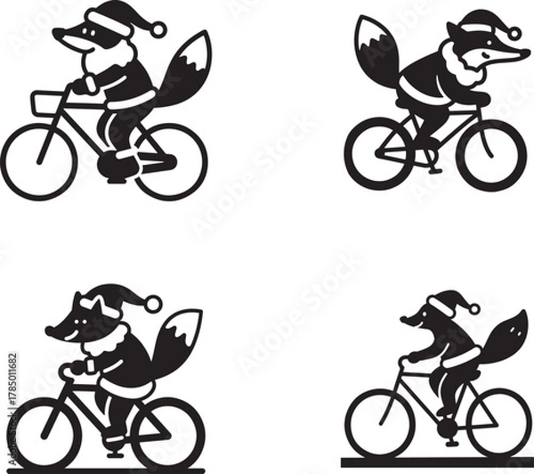 Fototapeta Festive Fox Cyclists A Collection of Christmas Animal on Bicycle Silhouette Illustrations and Vector Graphics