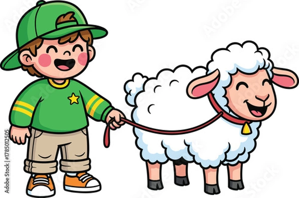 Fototapeta Cartoon child with sheep, smiling animal character, red leash, green outfit, fluffy wool, pink ears, bell collar, outdoor scene, vector illustration, white background