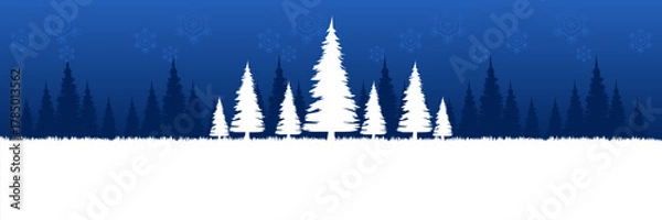 Fototapeta Wide screen Christmas and holiday banner template with a serene snowy forest landscape against a dark blue sky with snowflakes.