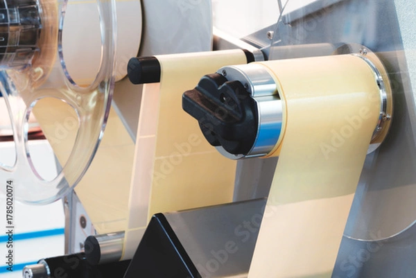 Obraz Fragment of the conveyor of sticking labeling machine. Abstract industrial background.