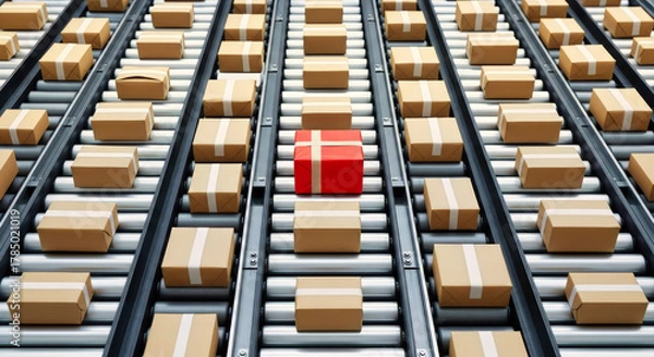 Fototapeta Conveyor rollers moving parcels with rhythmic pattern, concept of global shopping festival.