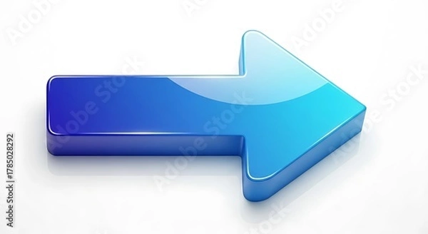Fototapeta A glossy blue arrow pointing right with a gradient from dark to light on a white background