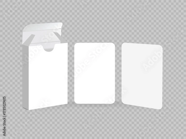 Obraz Open box of playing cards. 3d mockup of blank playing cards for poker and board games. Playing cards box mock up on white background with perspective view vector illustration 